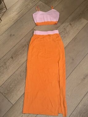 Two-Tone Pink and Orange Knit Maxi Skirt